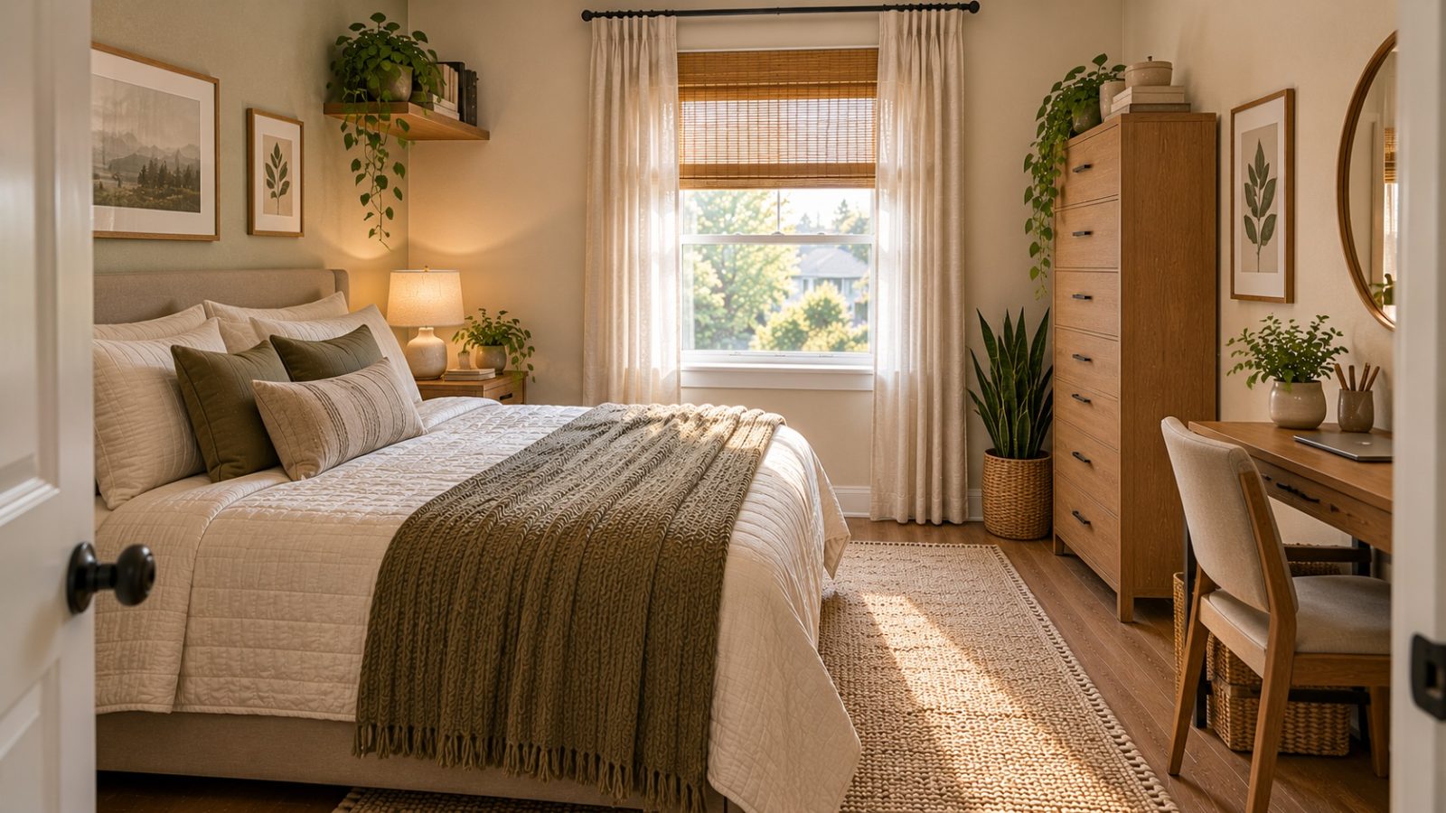 Small bedroom layout with a queen bed, compact desk, and clear walking path
