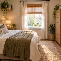 Small bedroom layout with a queen bed, compact desk, and clear walking path
