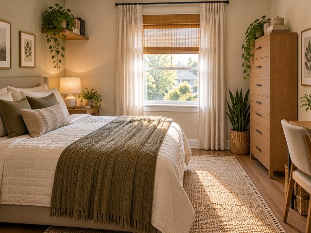 Small bedroom layout with a queen bed, compact desk, and clear walking path