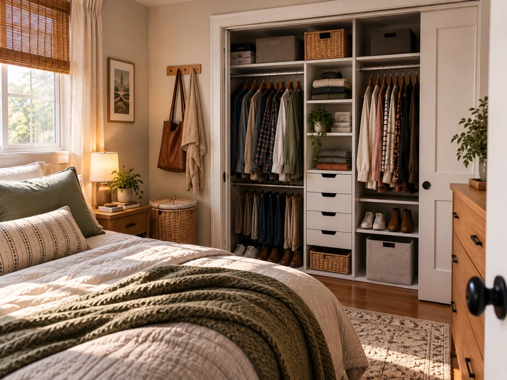 Shared clothing storage system for two people in a small bedroom