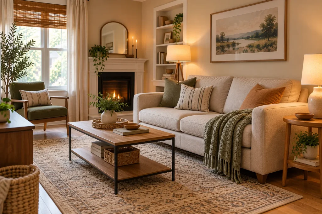 Cozy living room with a beige sofa, soft throw blanket, warm lighting, natural wood furniture, and a patterned rug