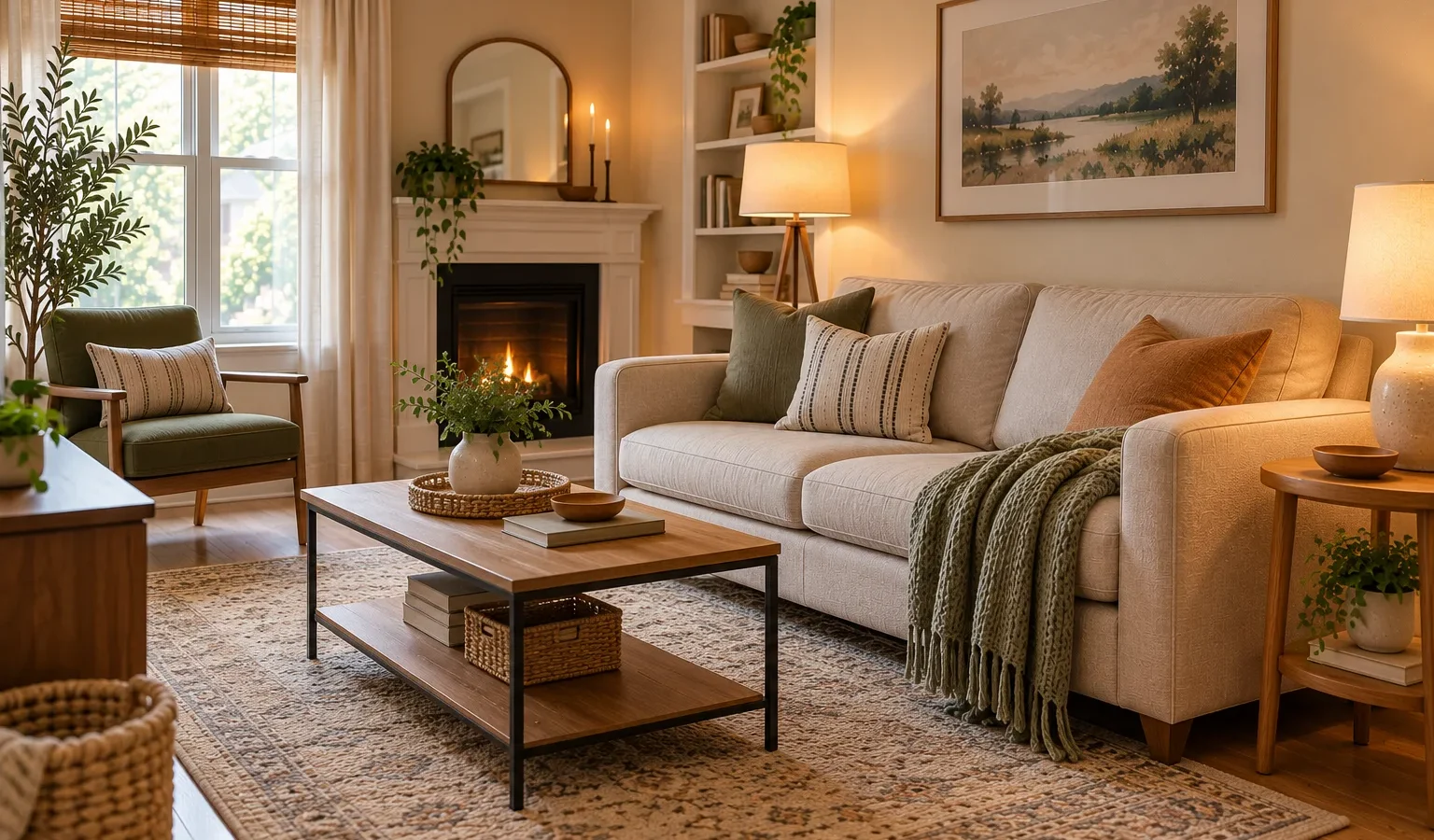 Cozy living room with a beige sofa, soft throw blanket, warm lighting, natural wood furniture, and a patterned rug