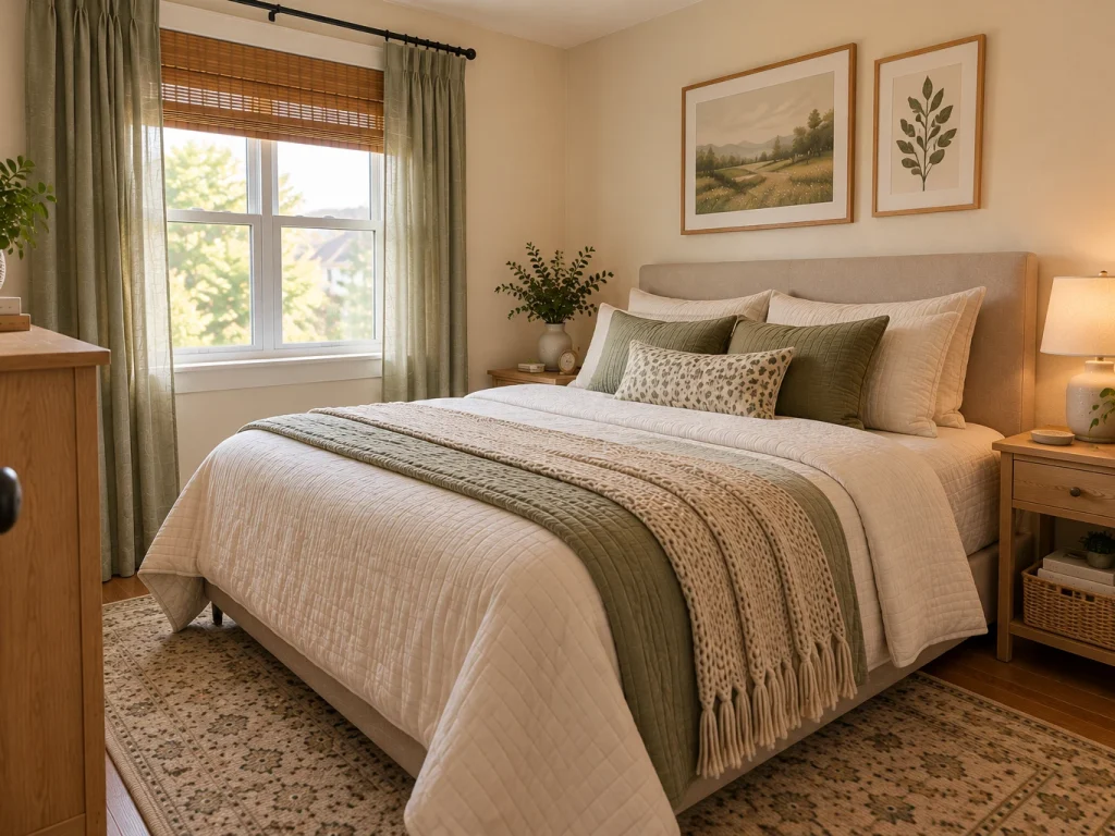 Small bedroom with warm ivory walls, muted sage accents, and natural wood furniture
