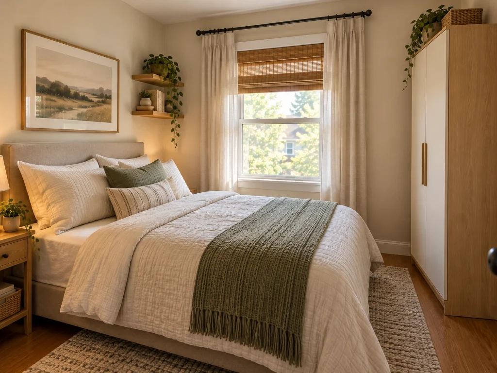 Small bedroom without a closet with a compact wardrobe