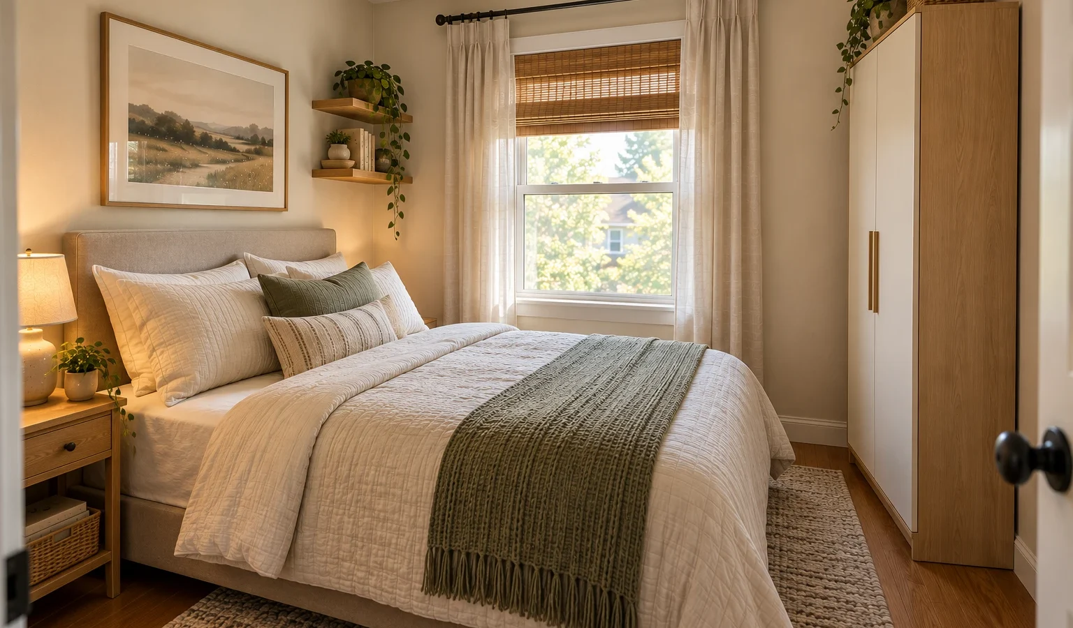 Small bedroom without a closet with a compact wardrobe