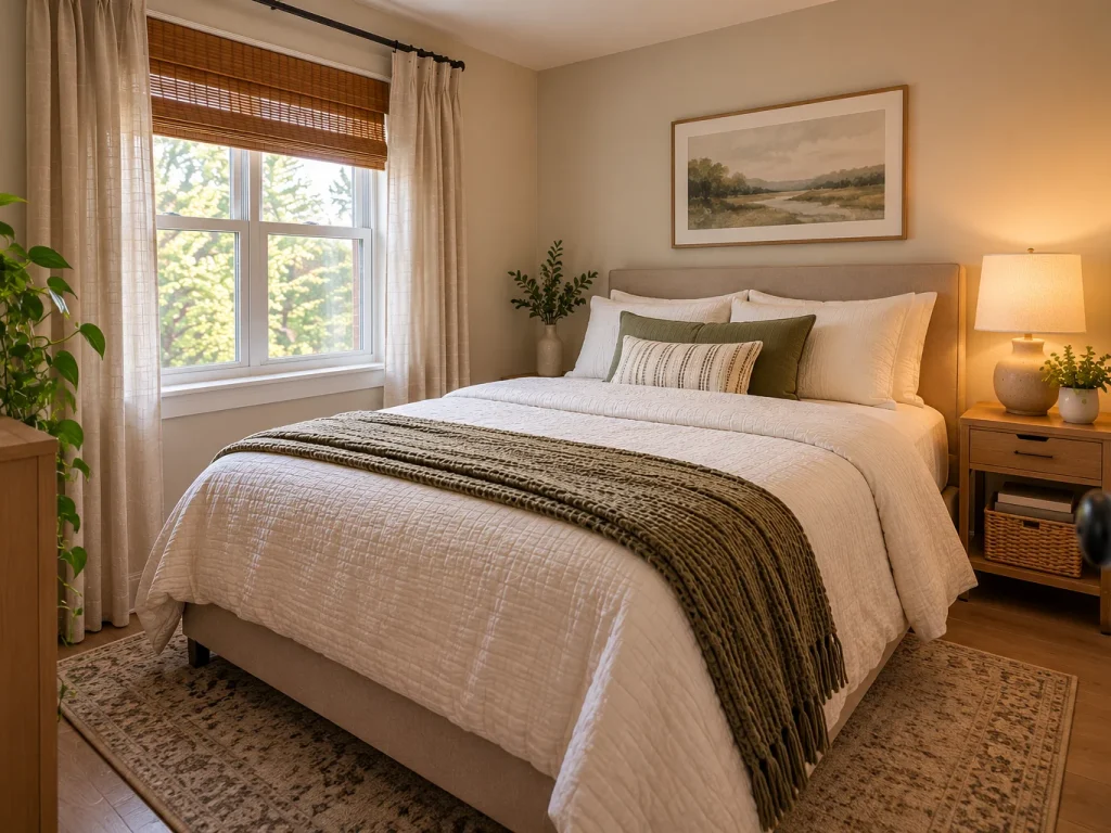 Small guest bedroom with a neatly made queen bed and a compact bedside table