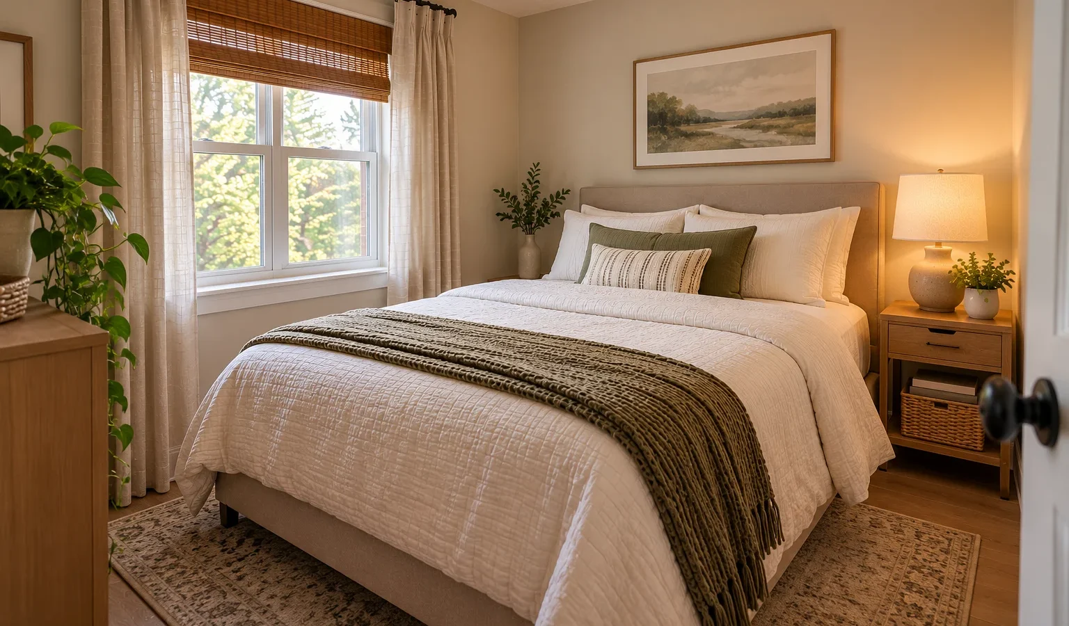 Small guest bedroom with a neatly made queen bed and a compact bedside table