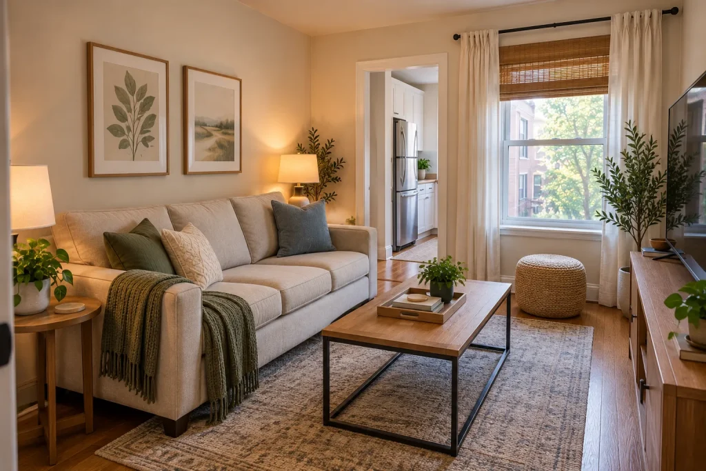 Small apartment living room with compact seating and a practical furniture arrangement