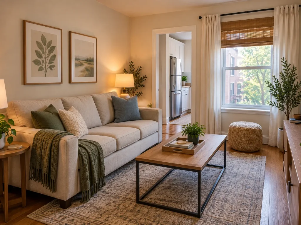 Small apartment living room with compact seating and a practical furniture arrangement