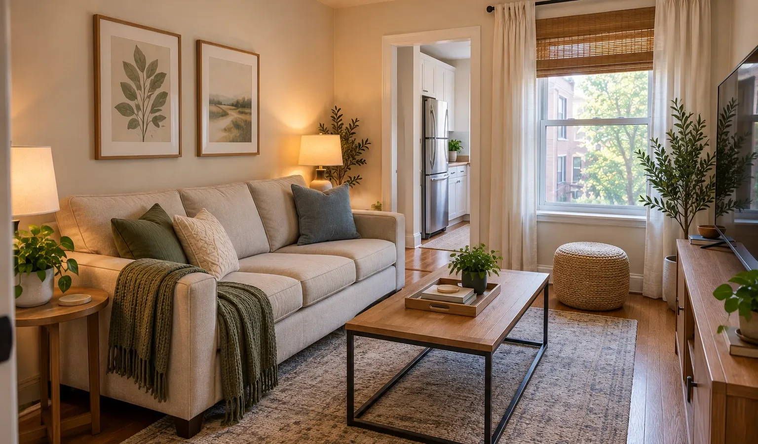 Small apartment living room with compact seating and a practical furniture arrangement