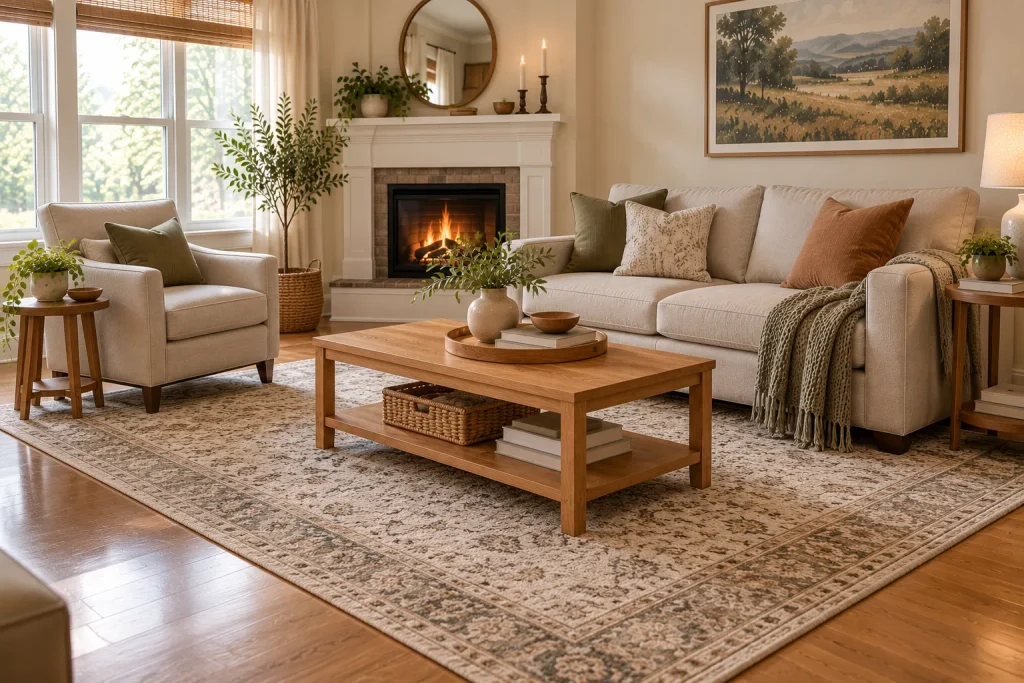 Neutral living room with an area rug connecting a beige sofa, accent chair, and wooden coffee table