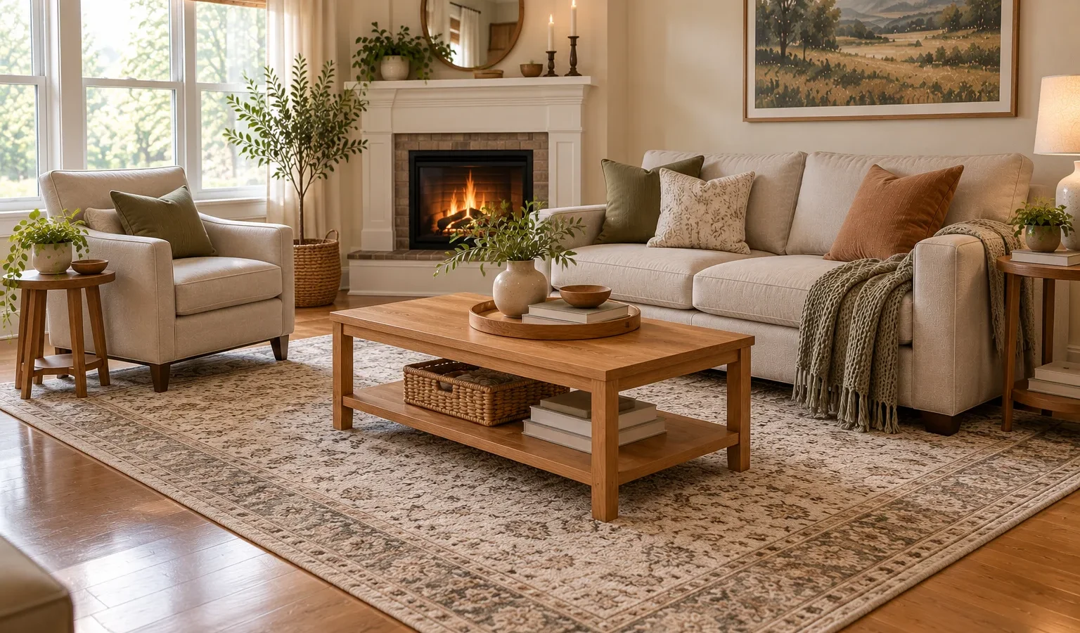 Neutral living room with an area rug connecting a beige sofa, accent chair, and wooden coffee table