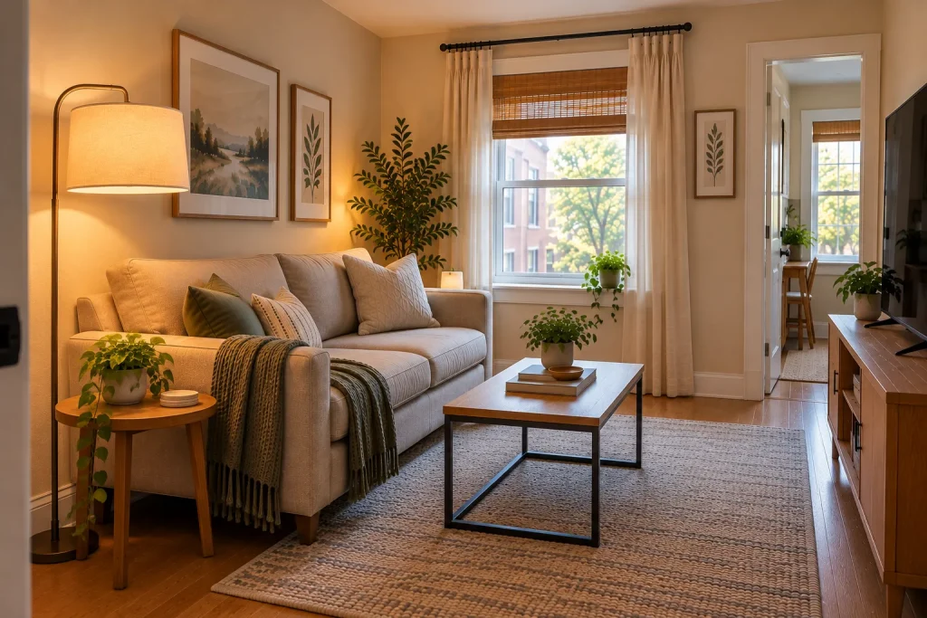 Floor lamp beside a compact sofa with natural daylight entering through the living room window