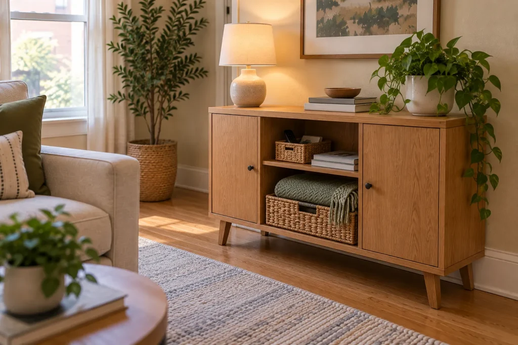 Compact wooden living room cabinet with baskets and shelves for everyday belongings