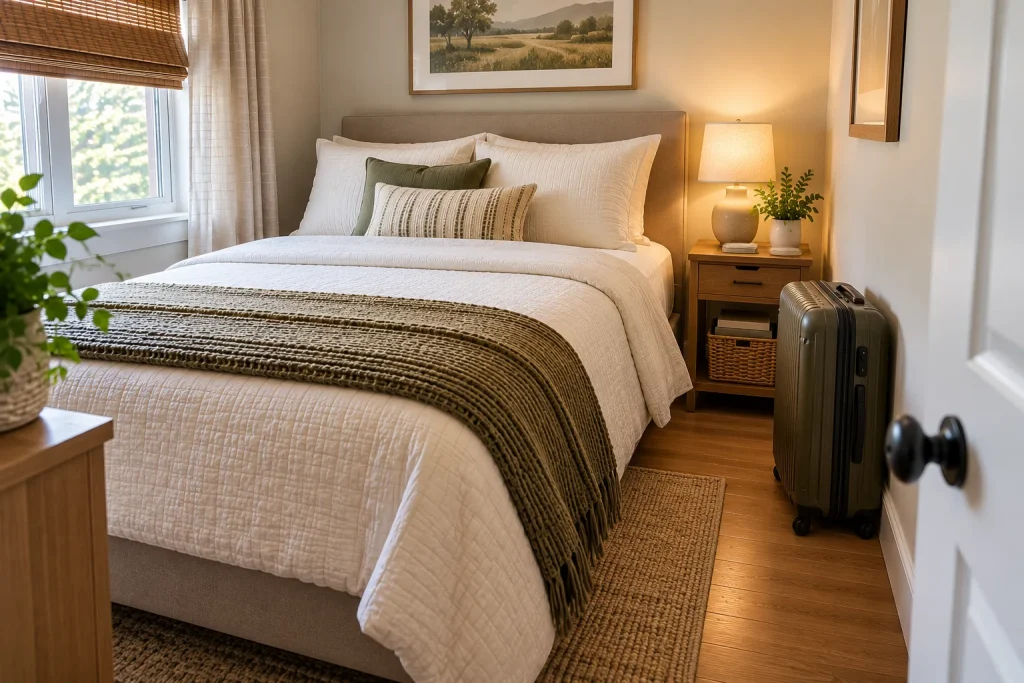 Compact guest bedroom with a clear area beside the bed for a suitcase