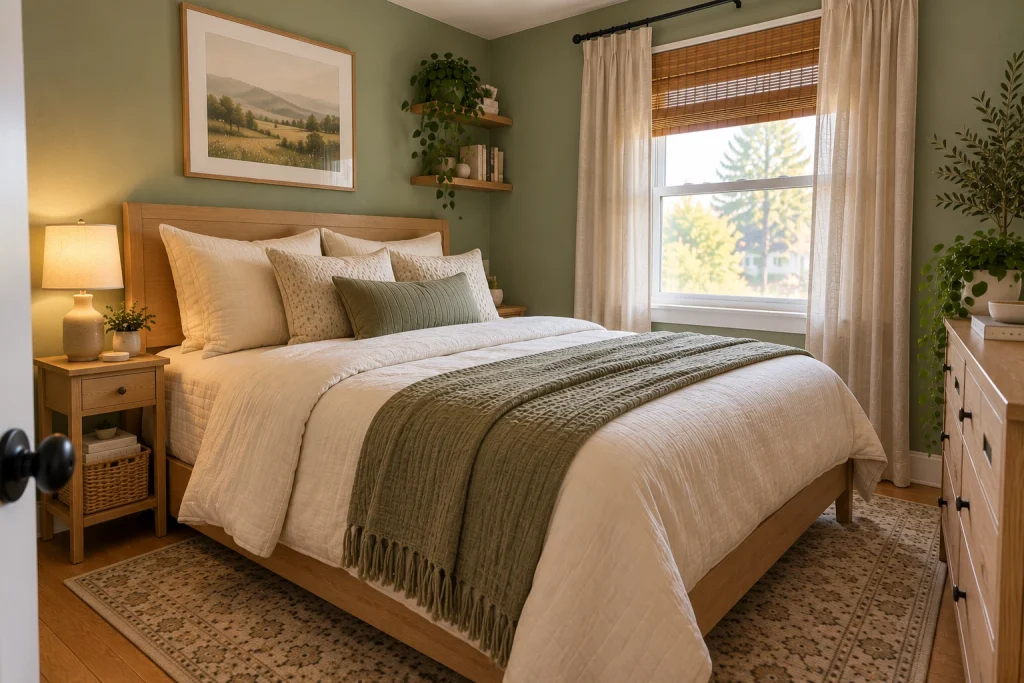 Small bedroom with muted sage green walls, cream bedding, and light wood furniture