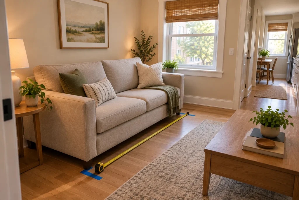 Measuring the floor space occupied by a sofa in a small apartment living room