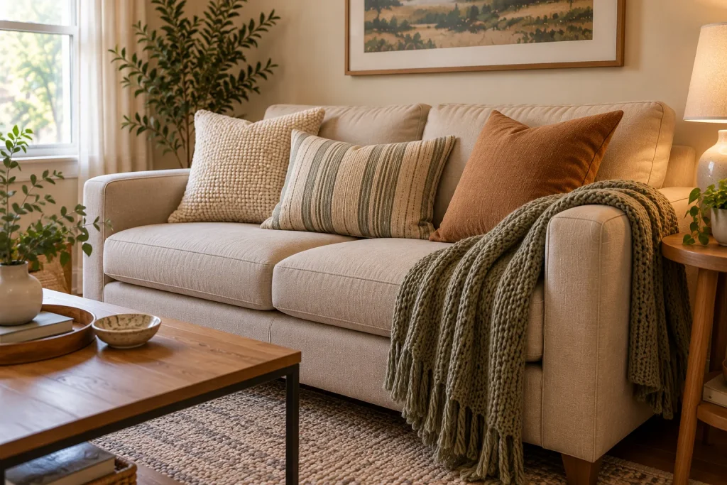 Beige living room sofa styled with textured cream cushions, a striped linen pillow, and an olive knitted throw blanket