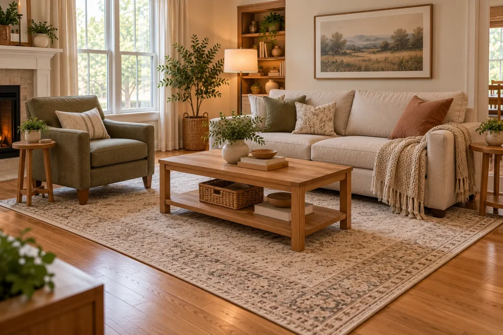 Living room area rug positioned beneath the front legs of a sofa and accent chair, with the coffee table fully on the rug