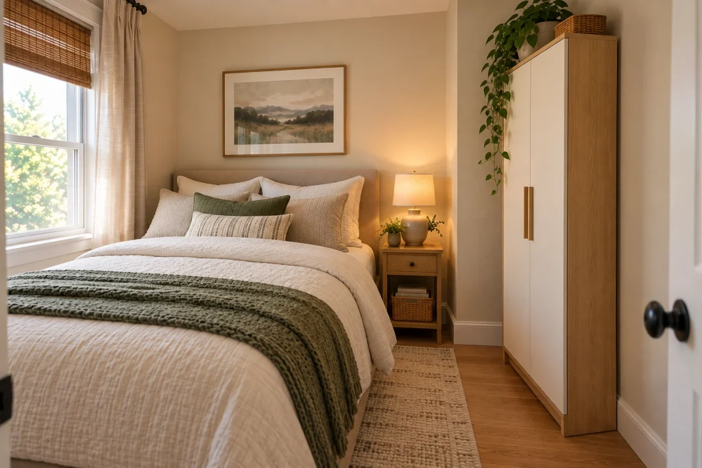 Slim wardrobe in a small bedroom with limited floor space