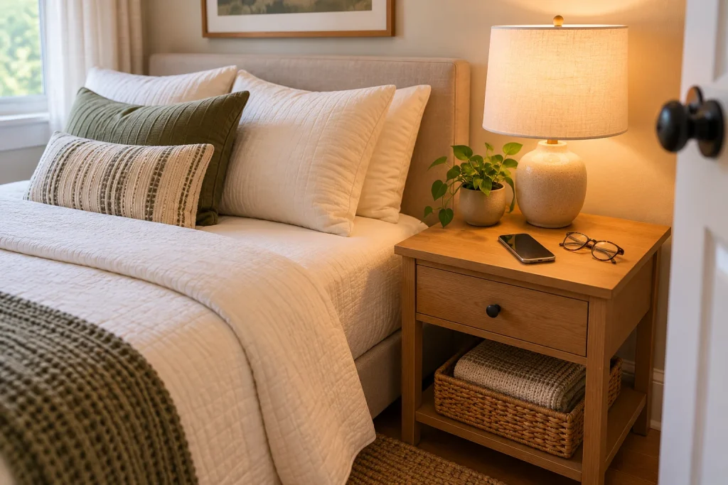 Guest bedroom bedside table with a lamp and space for personal belongings