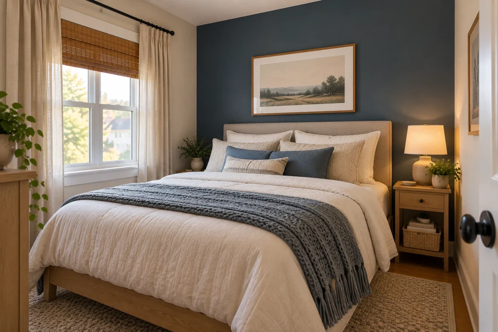 Compact bedroom with a deep smoky blue accent wall behind a queen bed