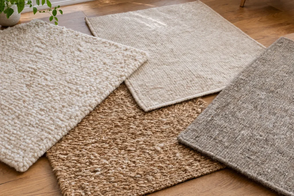 Four neutral rug samples with different wool-like, flat-woven, natural jute, and synthetic-looking textures arranged on a wooden floor