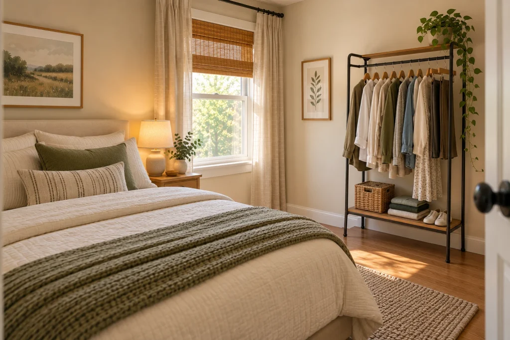 Compact garment rack used as a closet alternative in a small bedroom