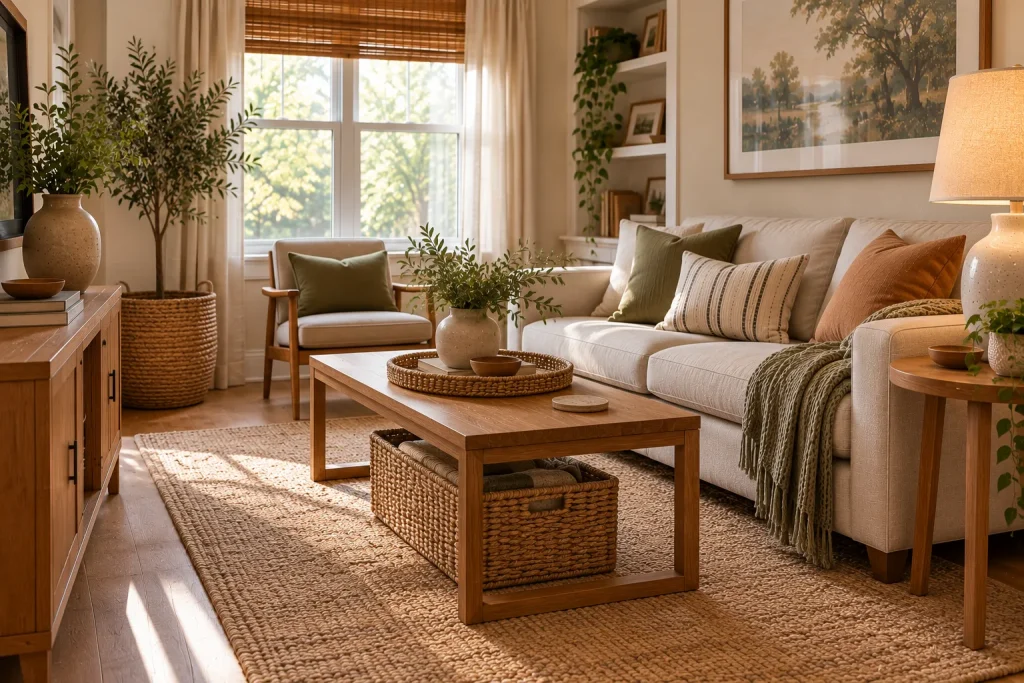Cozy living room featuring a natural wood coffee table, woven storage basket, textured rug, and ceramic vase