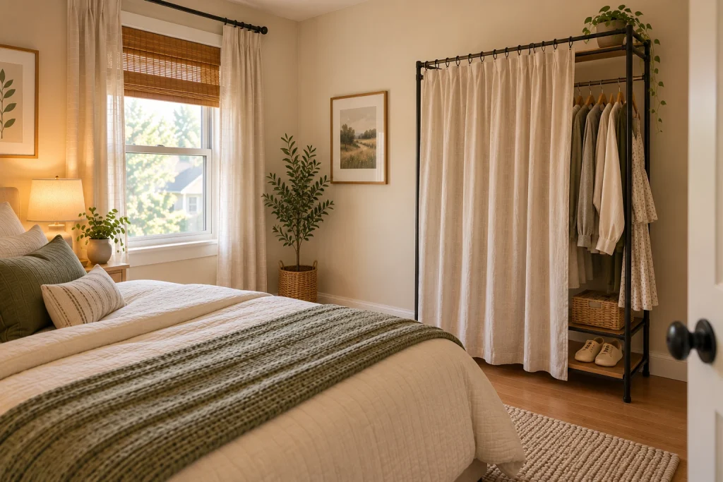 Small bedroom with a freestanding clothing rack concealed behind a curtain