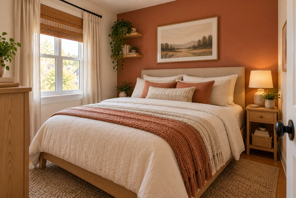 Small bedroom with a muted dusty terracotta accent wall, cream bedding, and natural wood furniture