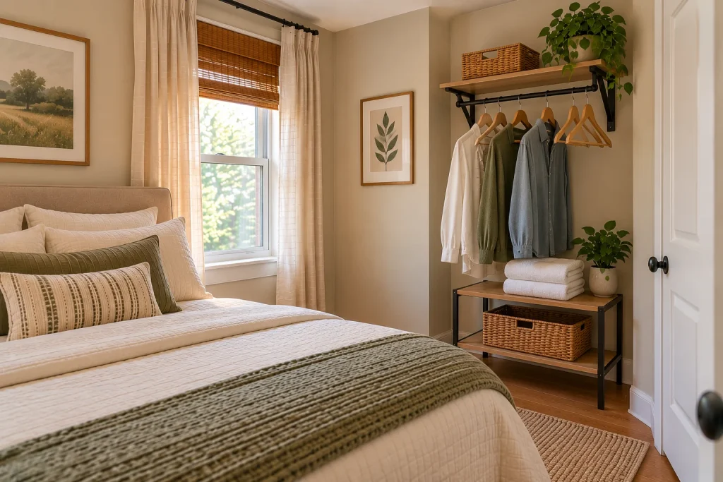 Compact guest bedroom with available hanging space and neatly folded towels