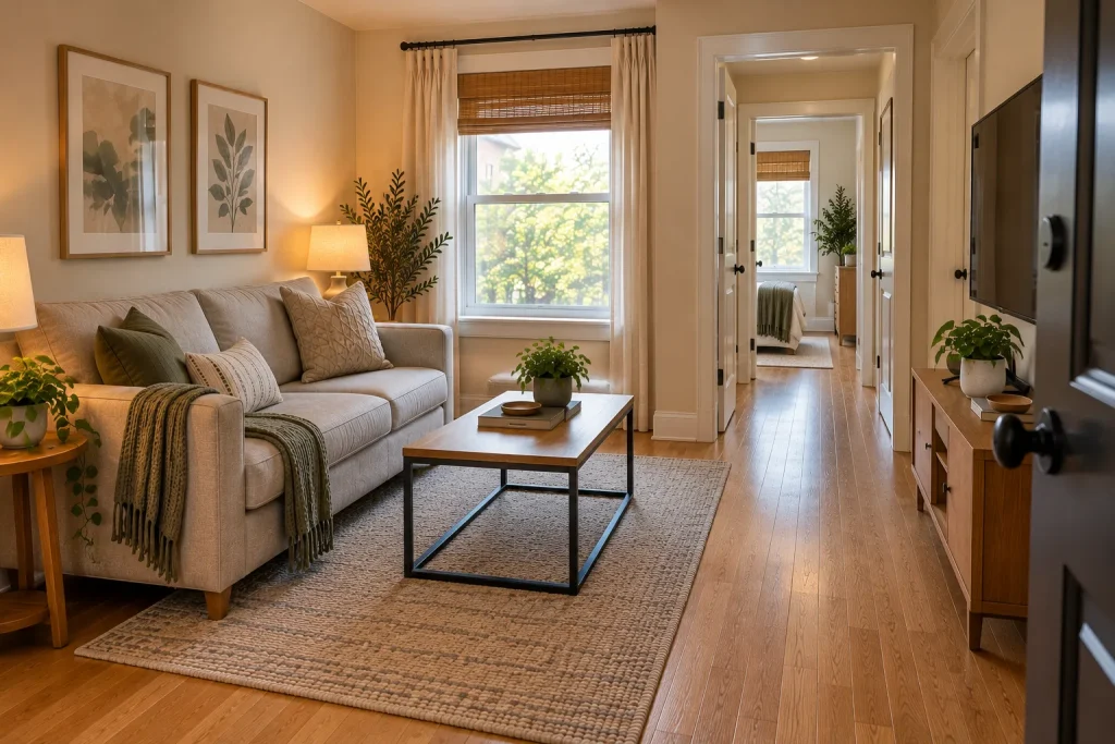 Clear walking path beside a compact sofa and coffee table in a small apartment living room
