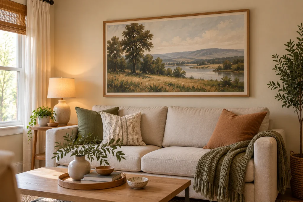 Large framed landscape artwork above a beige sofa in a cozy living room