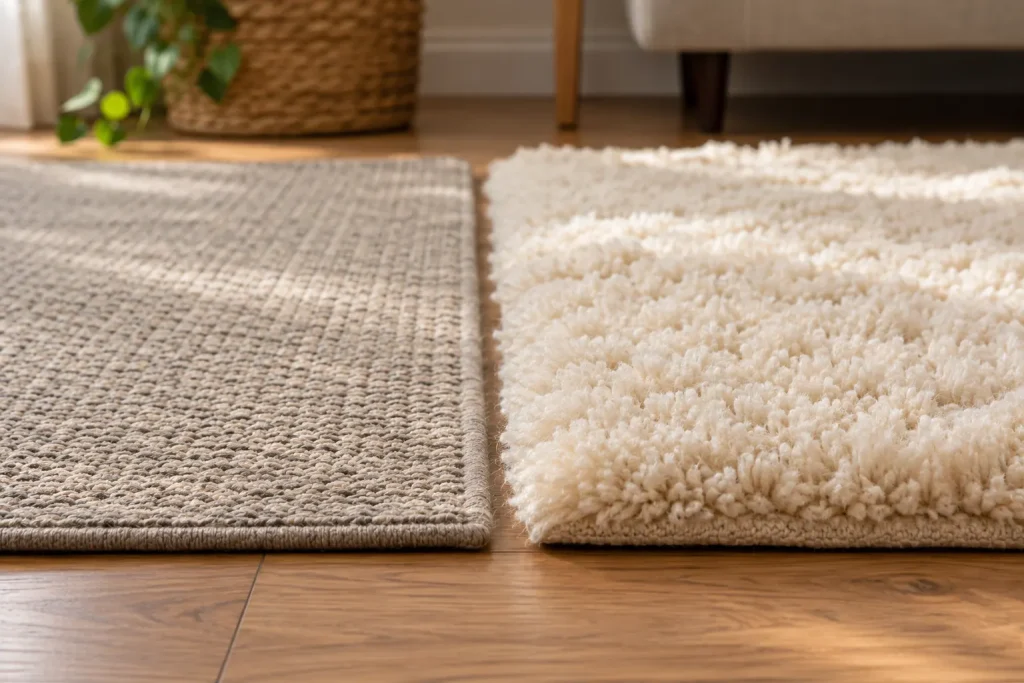 Flat low-pile beige rug beside a thicker ivory high-pile rug, showing the difference in surface height