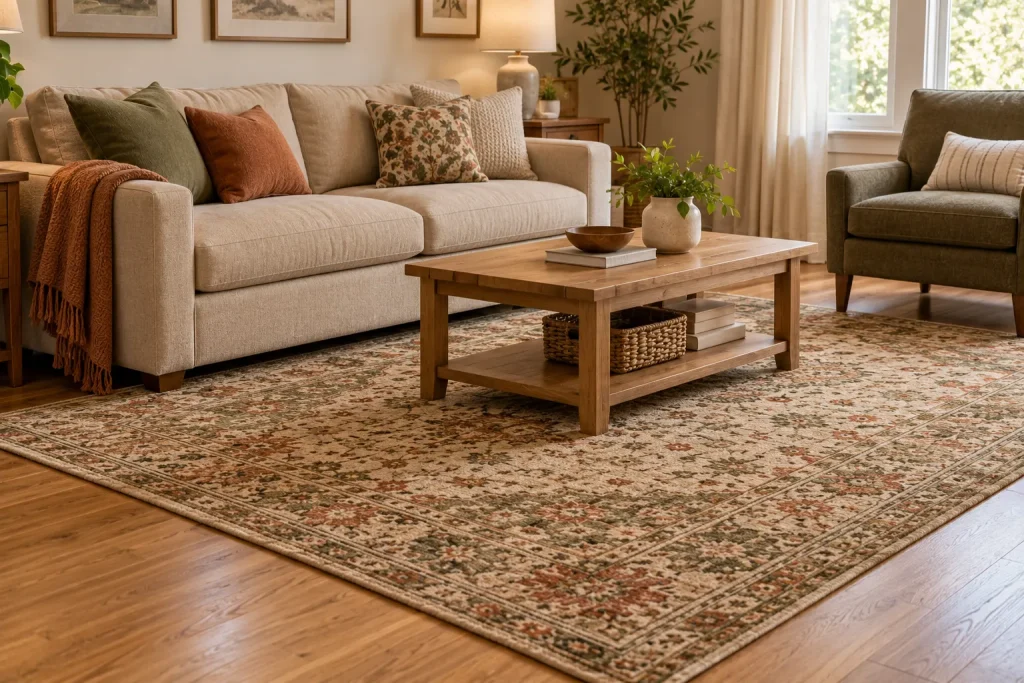 Muted olive and rust patterned area rug coordinated with a beige sofa, neutral cushions, and natural wood furniture