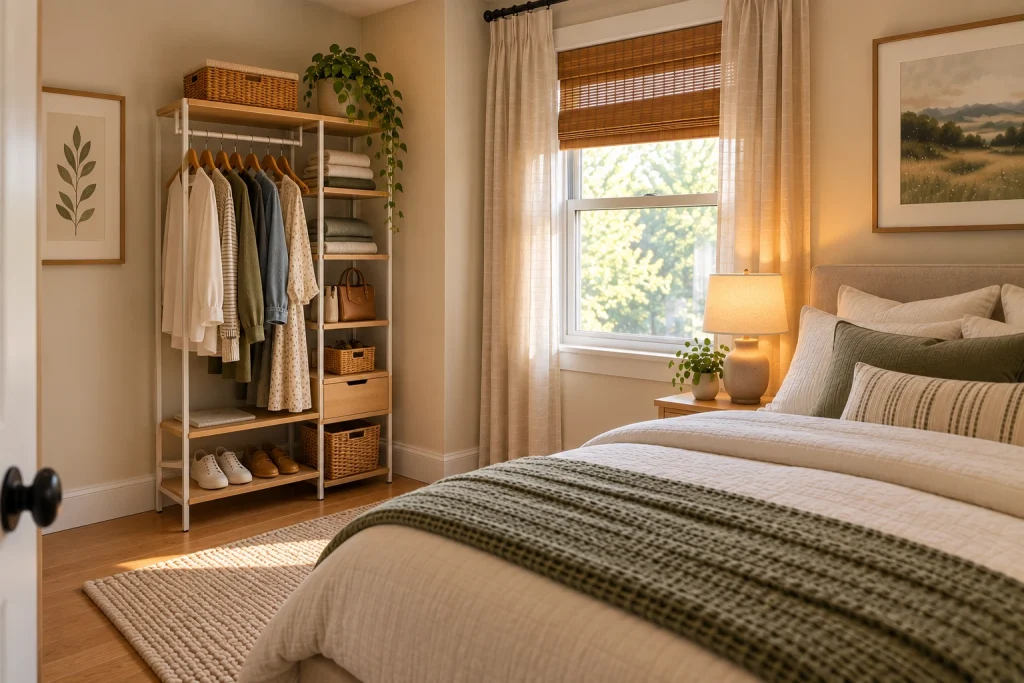 Compact clothing zone in a small bedroom with hanging clothes, folded storage, and accessories