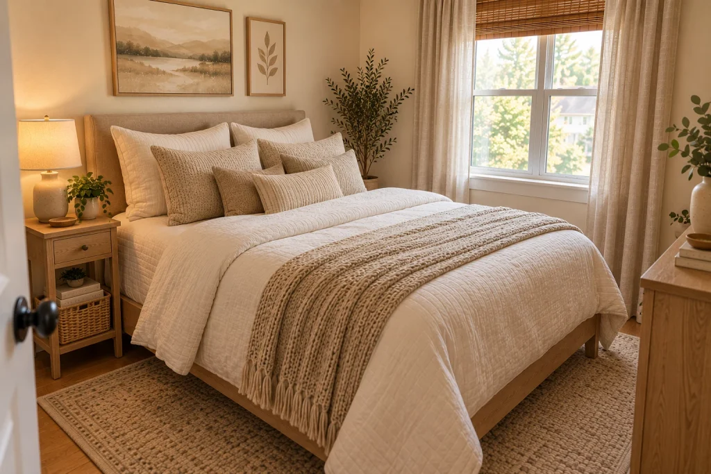 Small bedroom with layered ivory and beige tones, textured bedding, and natural wood accents