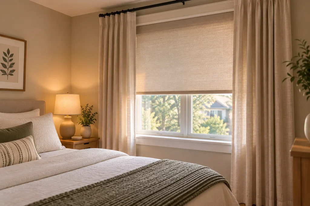 Small guest bedroom with neutral curtains beside a neatly made bed