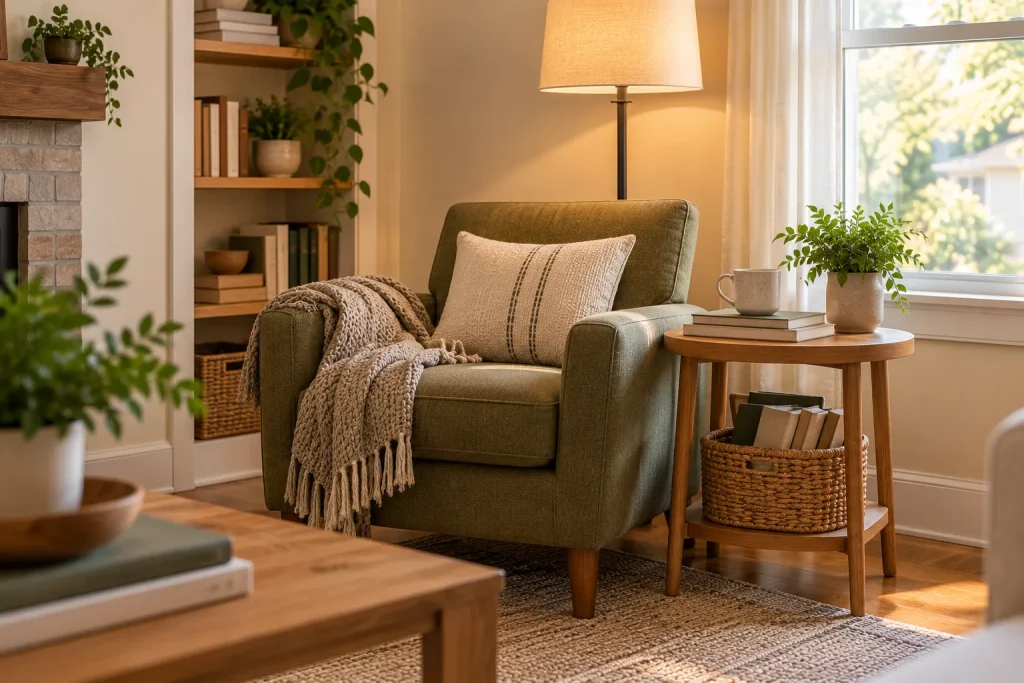 Olive upholstered reading chair beside a wooden table with books, a ceramic mug, and a woven basket