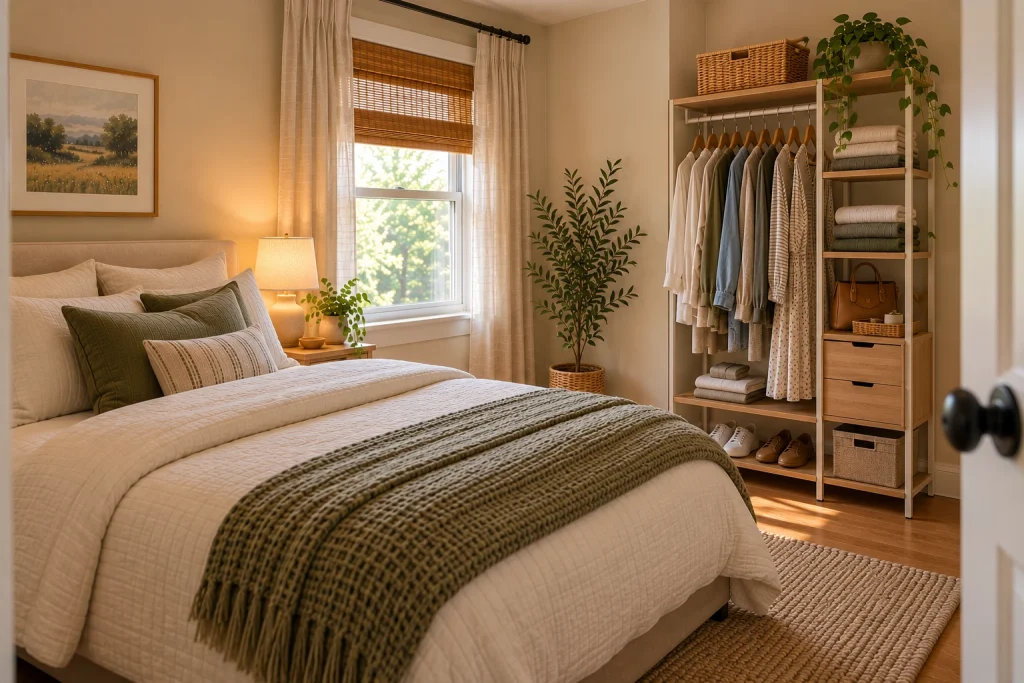 Finished small bedroom with a compact clothing system replacing a built-in closet