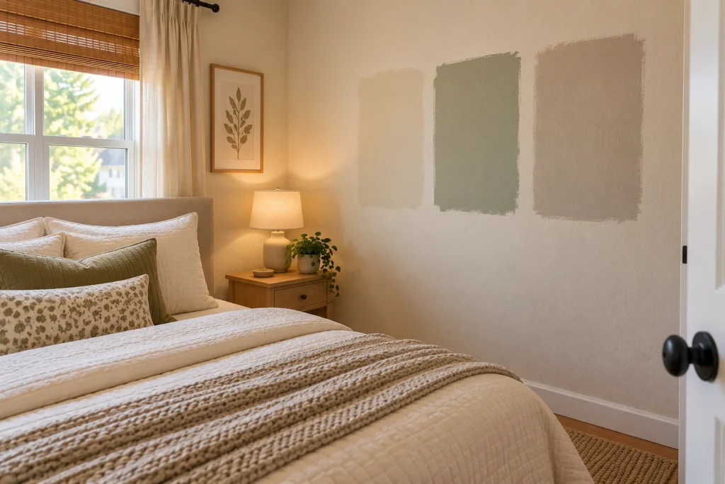 Warm neutral and muted sage paint samples tested on a small bedroom wall beside the bed
