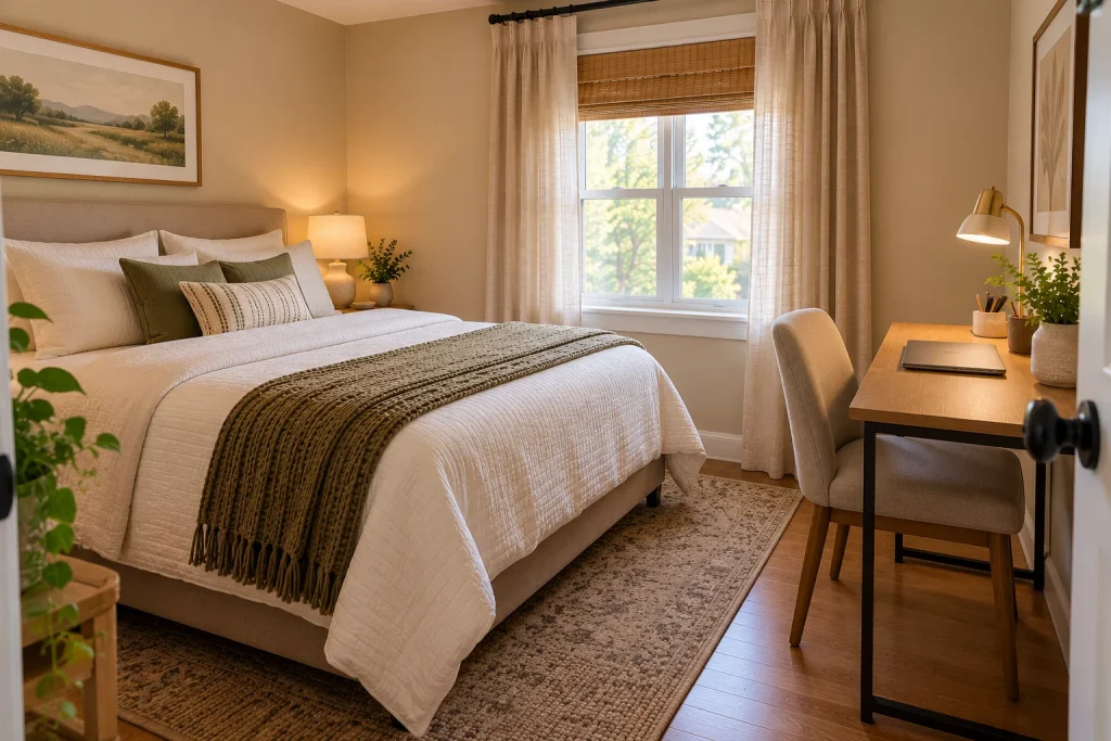 Small multipurpose bedroom prepared for guests with a neatly made bed and cleared desk