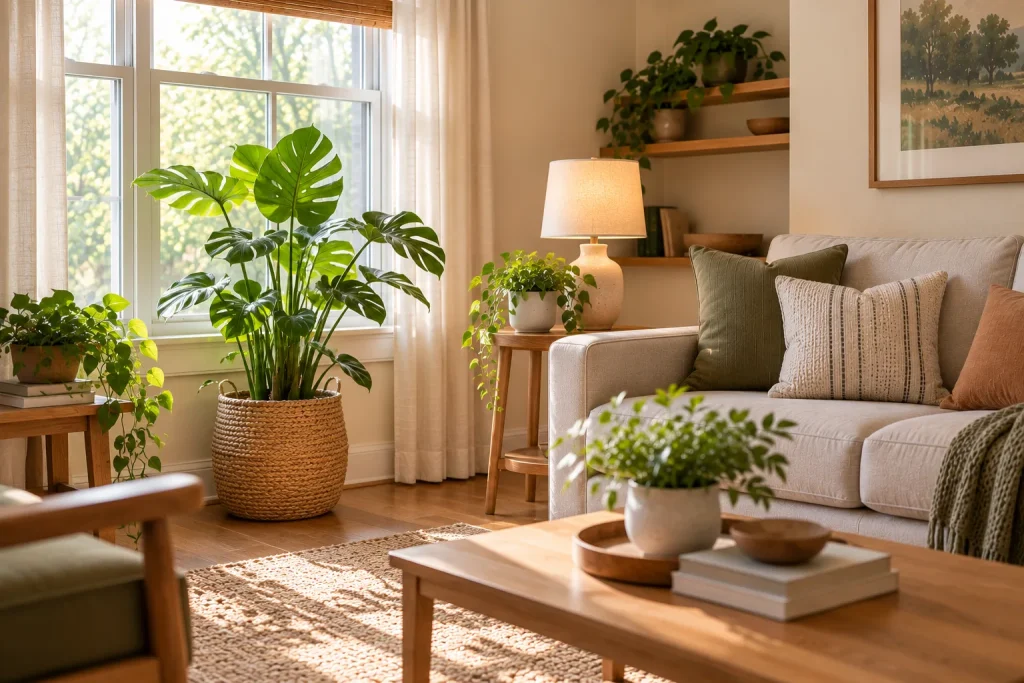 Indoor plants arranged beside a bright living room window near a beige sofa and natural wood furniture