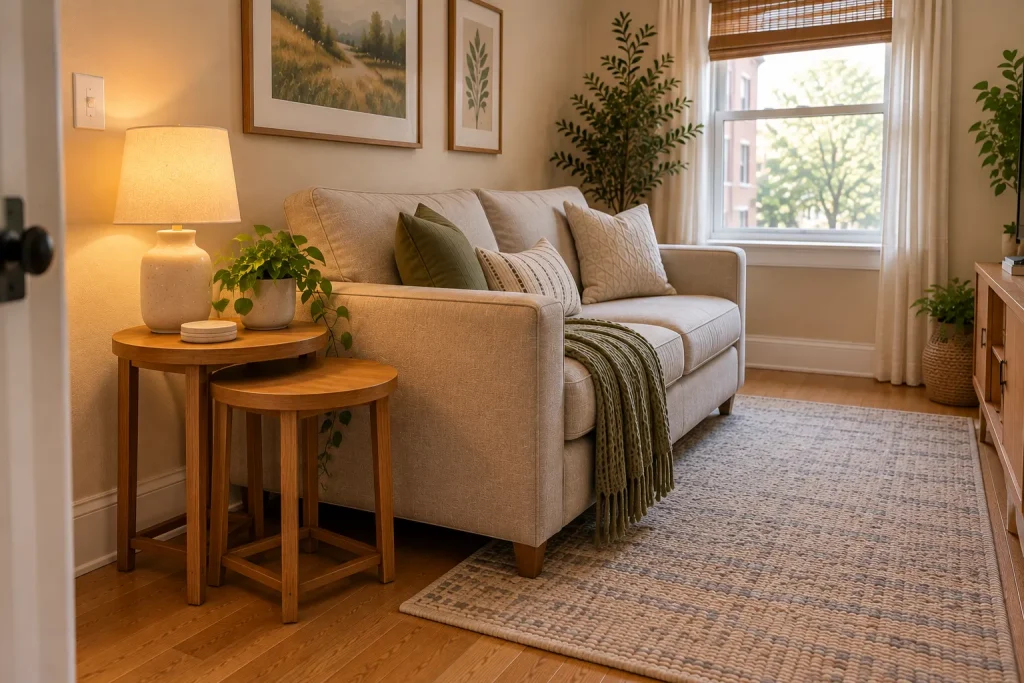 Two nesting wooden side tables tucked together beside a compact living room sofa