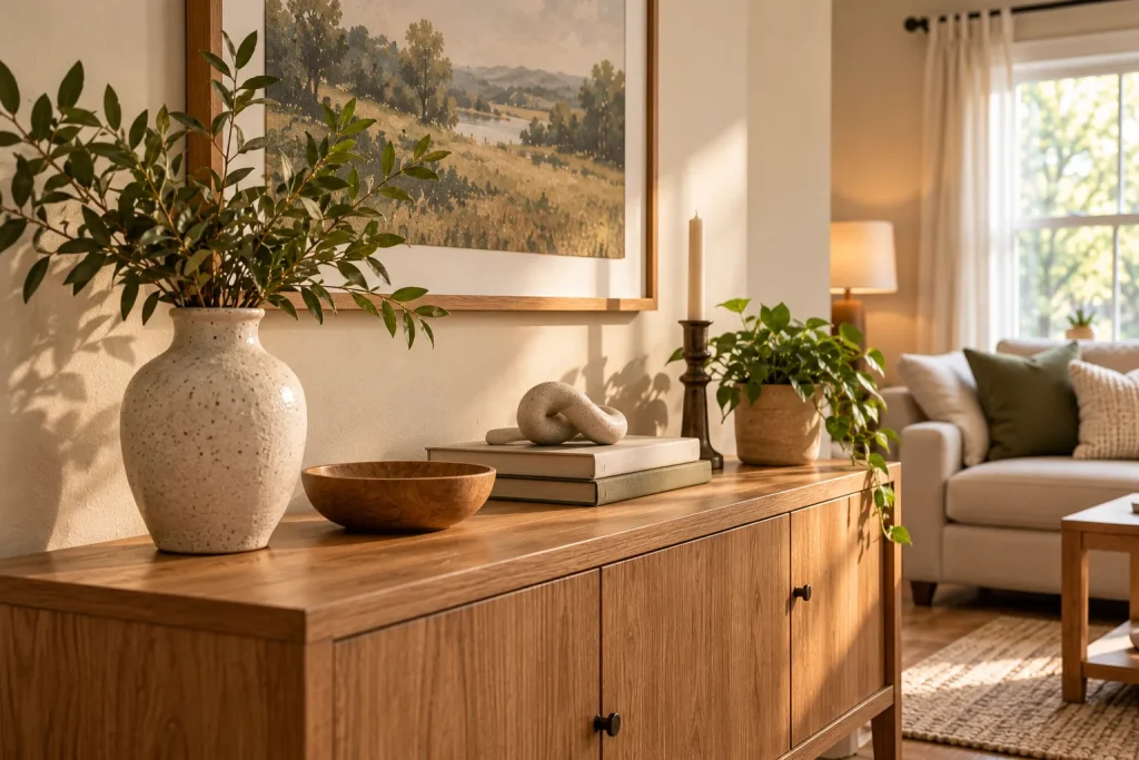 Wooden living room console table with a ceramic vase, stacked books, wooden bowl, sculptural object, and small plant