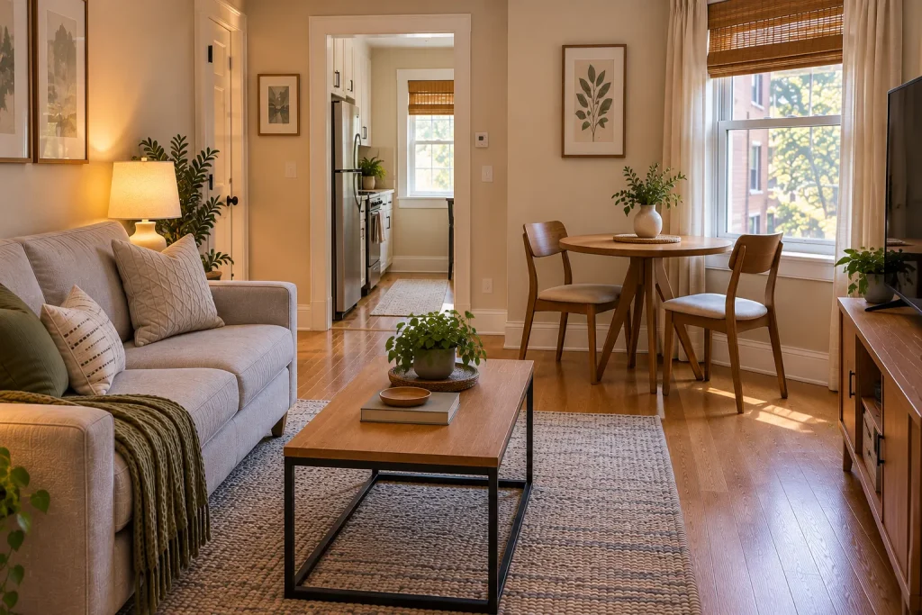 Compact dining table with two chairs beside the seating area in a small apartment