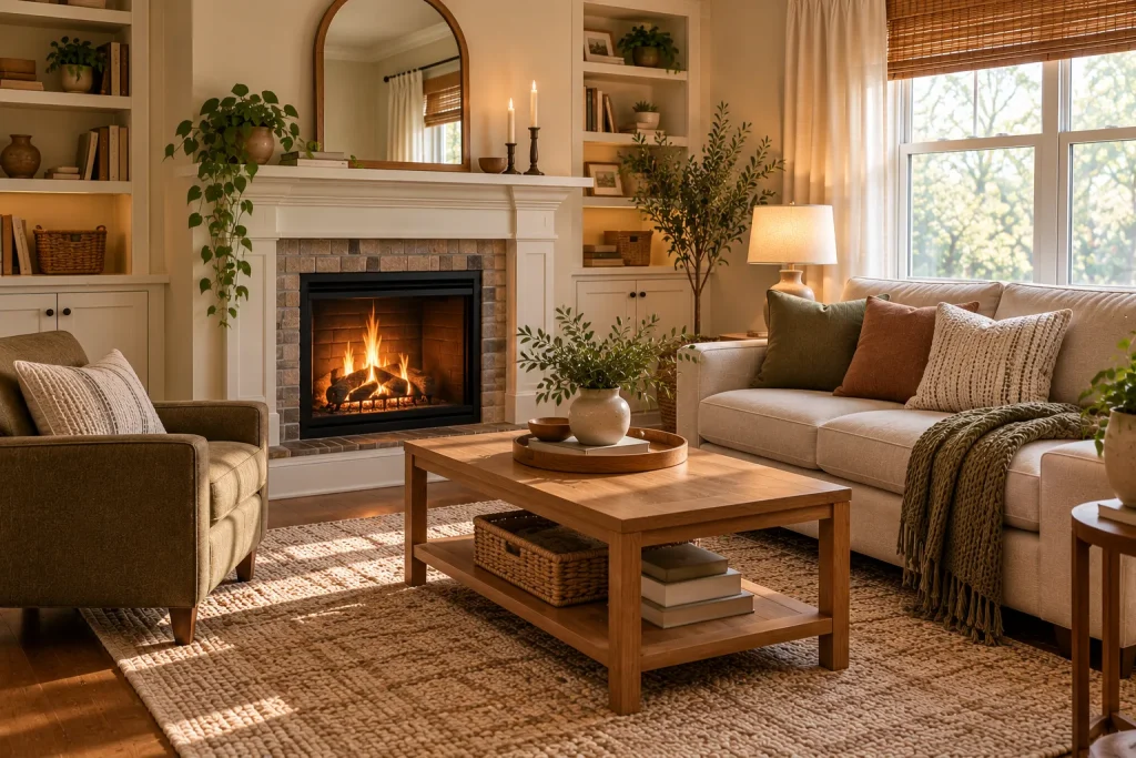 Cozy living room arranged around a fireplace with a beige sofa, accent chair, wooden coffee table, and neutral rug